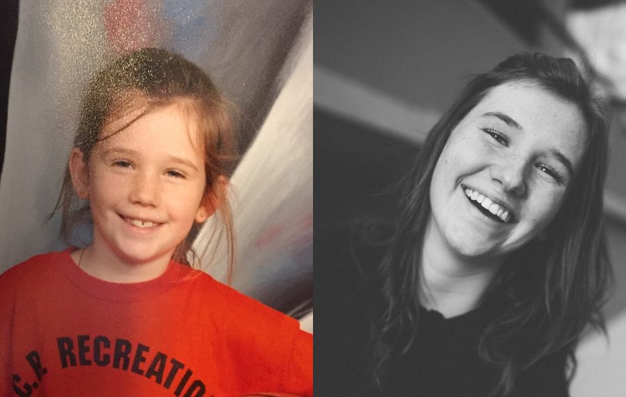 Senior Shelby Olson poses side by side with her first grade self. Shelby Olson Photo and Mary Mathis Photo.